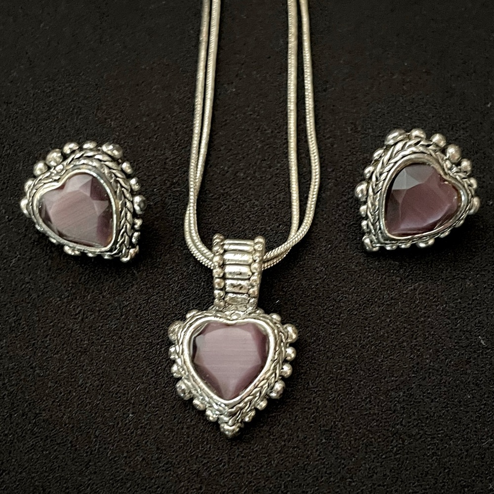 Purple Heart/ silver heart earrings and necklace set